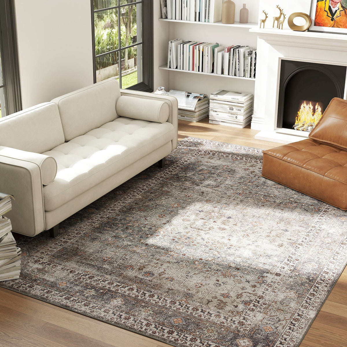 Machine Washable Area Rug 8x10, Non-Slip Traditional Floor Cover Foldable Carpet for Living Room, Dark Mixed-Brown