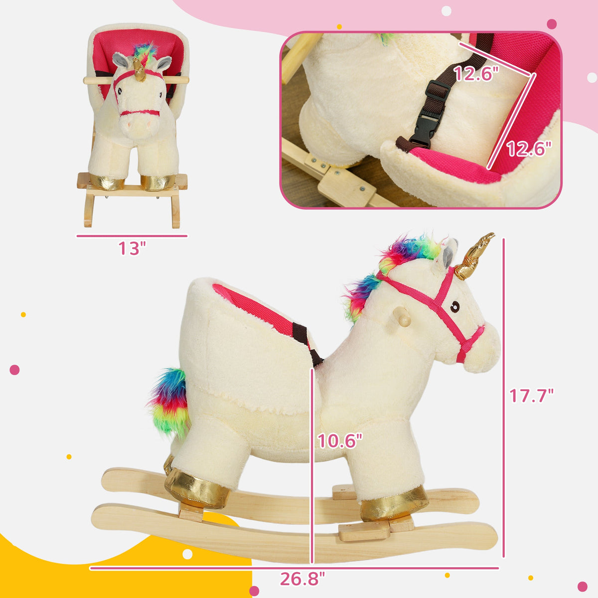 Kids Rocking Horse, Unicorn with Realistic Sound, Safety Belt & Wooden Base for 18-36 Months