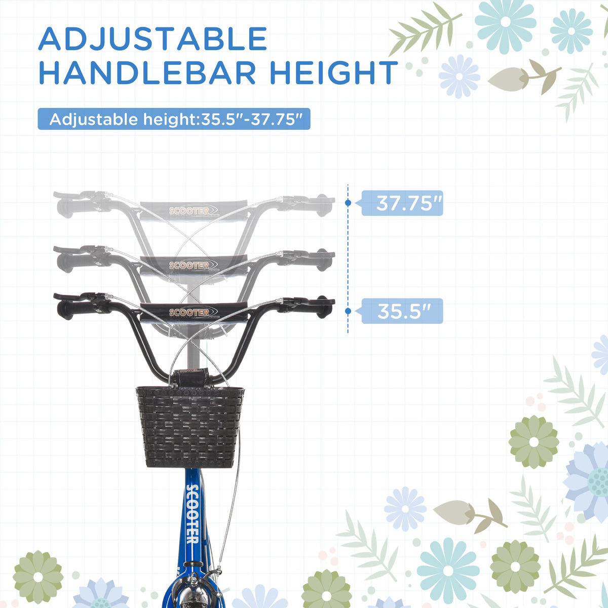 Youth Scooter, Kick Scooter with Adjustable Handlebars, Double Brakes, 16" Inflatable Rubber Tires, Basket, Blue