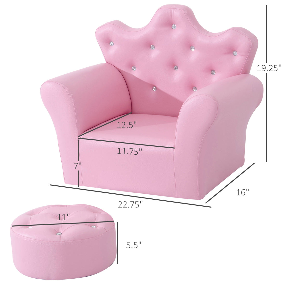 Kids Sofa Set with Footstool, Princess Sofa with Diamond Decoration