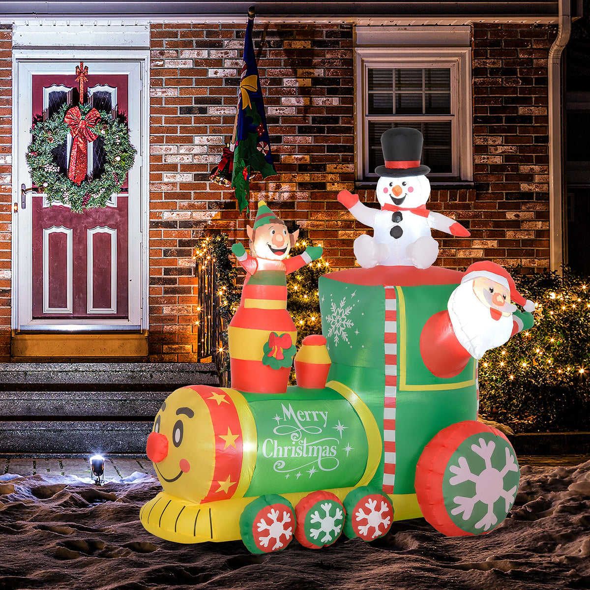 6FT Inflatable Train with Santa Claus, Snowman, Blow-Up Outdoor Display w/ White LED Lights for Party