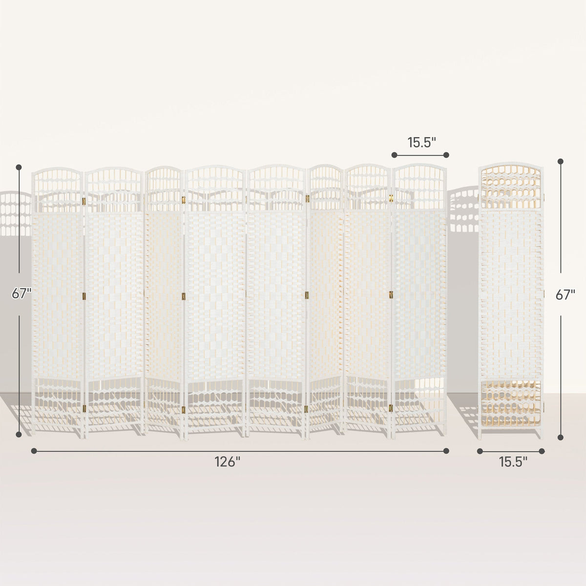 8 Panel Folding Room Divider Portable Privacy Screen Wave Fiber Room Partition for Home Office White
