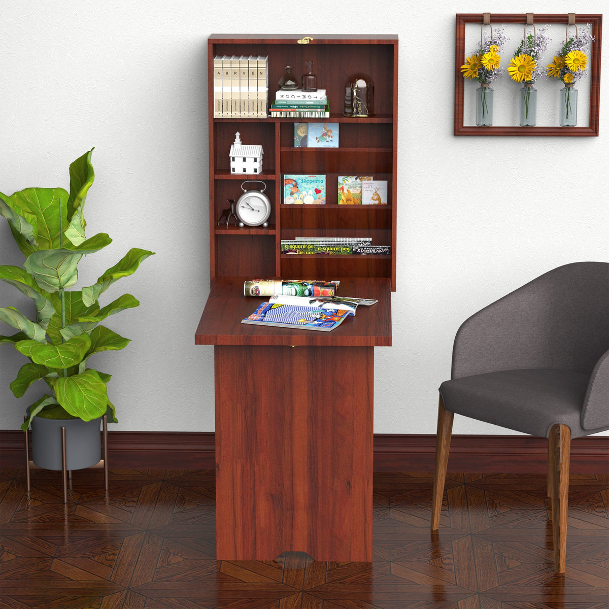 Wall Mounted Desk, Fold Out Convertible Desk, Multi-Function Computer Table Floating Desk with Shelves for Home Office, Mahogany