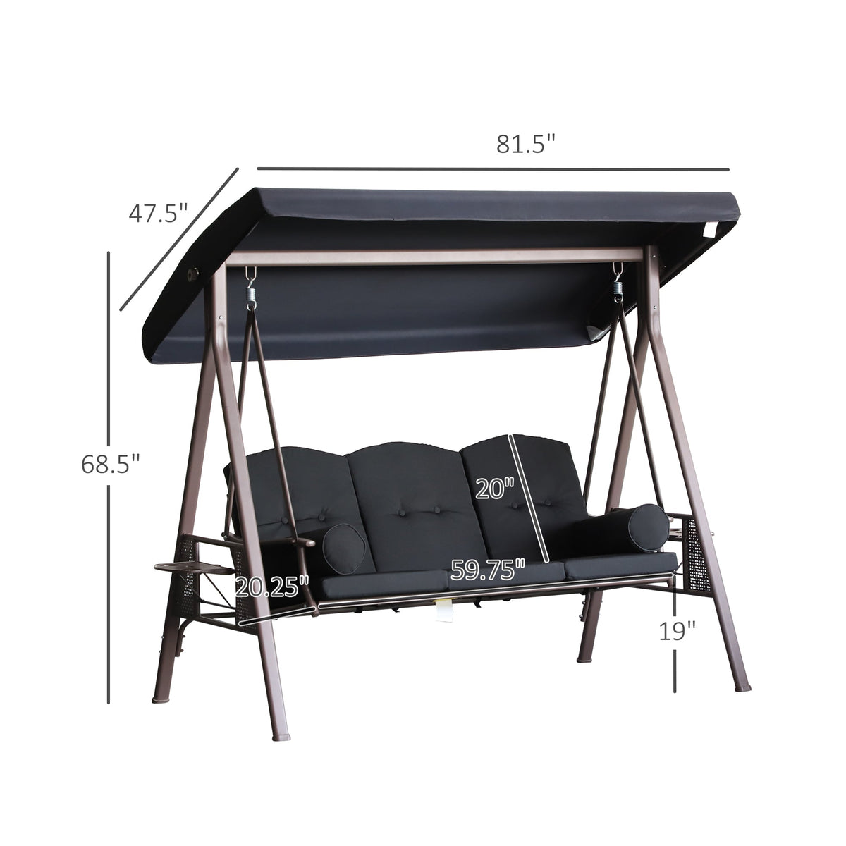 3-Seat Patio Swing Chair, Outdoor Porch Swing Glider with Adjustable Canopy, Removable Cushion, Black