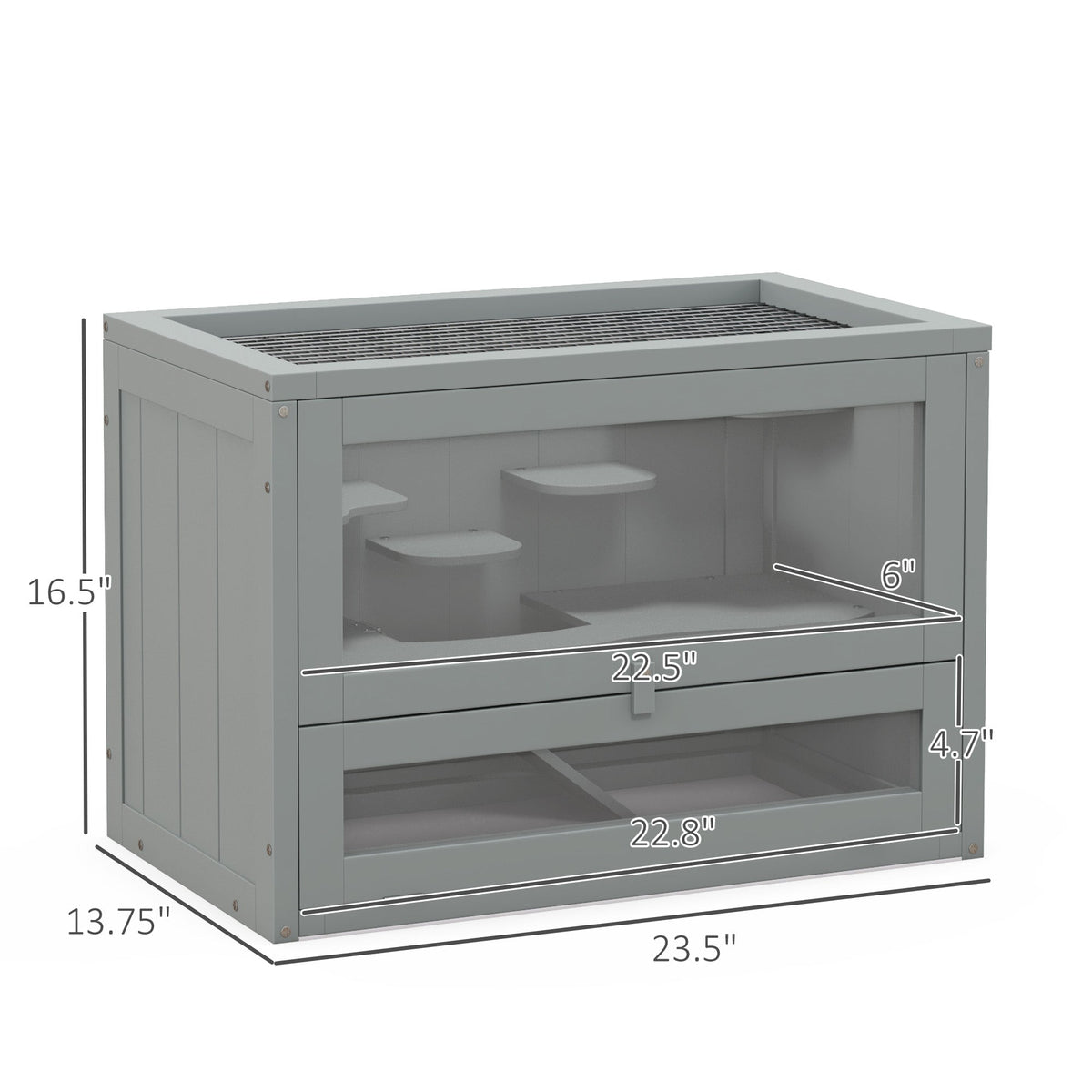 2-Level Hamster Cage with Openable Top, Door, Shelf, Ladder, Gray