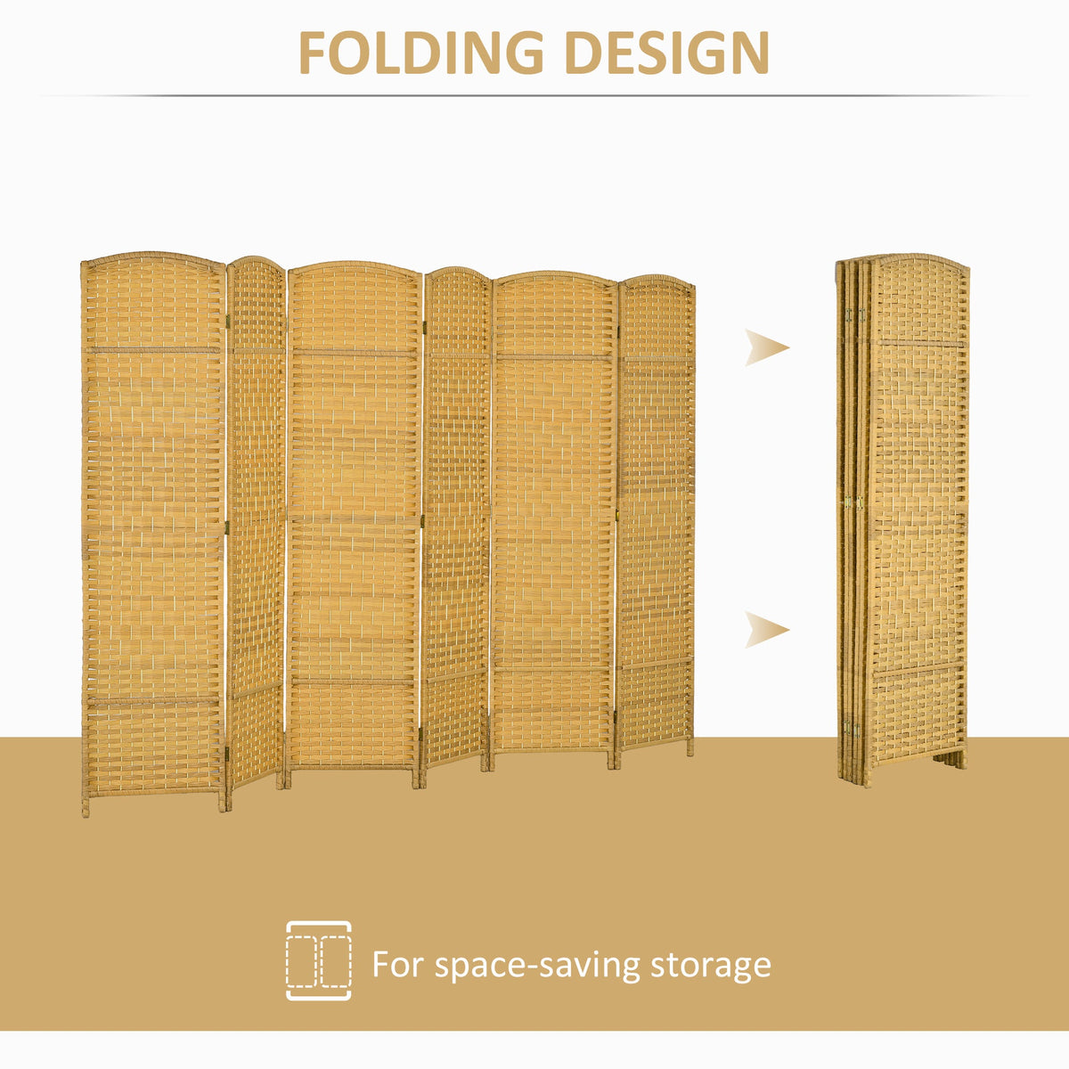 Folding Room Divider Screen 6 Panel 6' Tall Privacy Screen Freestanding Wood Partition for Home Office, Nature Wood