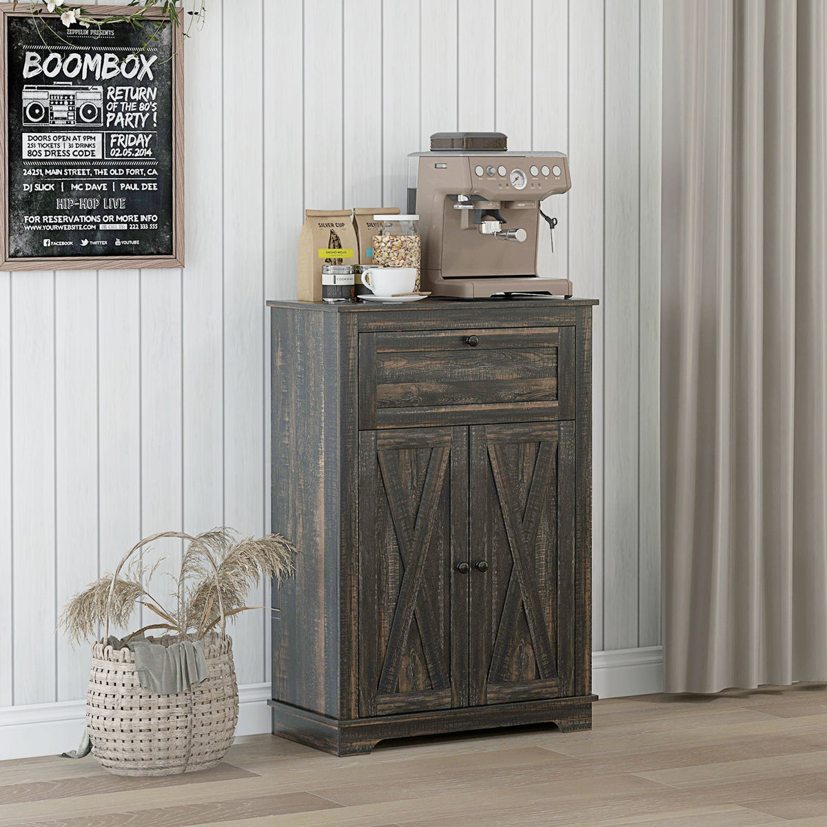 Farmhouse Sideboard Storage Cabinet with Doors and Drawer for Kitchen, Living room, 23.5"x11.75"x34.5", Dark Brown