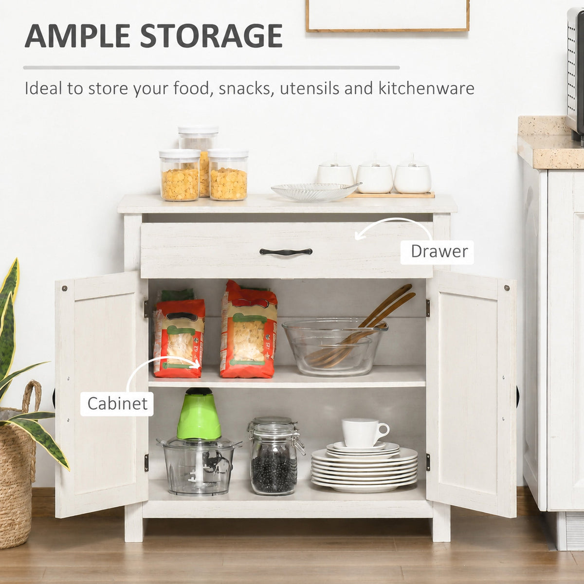 Farmhouse Sideboard Cabinet with Barn Doors Kitchen Buffet Cabinet with Drawer and Adjustable Shelf Stone White Wash