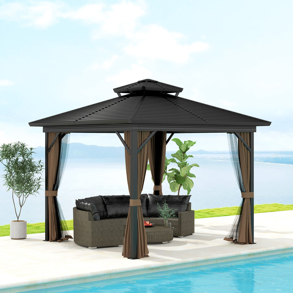 10' x 10' Hardtop Gazebo with Aluminum Frame, Metal Roof Gazebo Canopy w/ Hook, Curtains included, Dark Brown