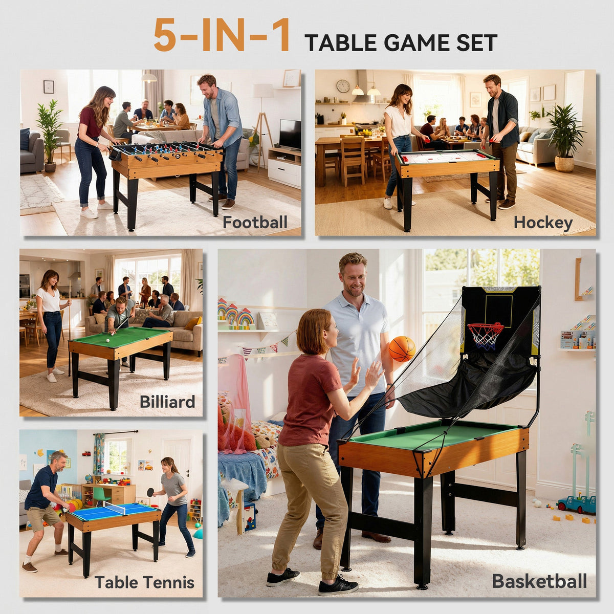 5-in-1 Multi Game Table, 53" Combo Table with Foosball, Pool, Ping Pong, Ice Hockey & Basketball, Game Room Sports Set