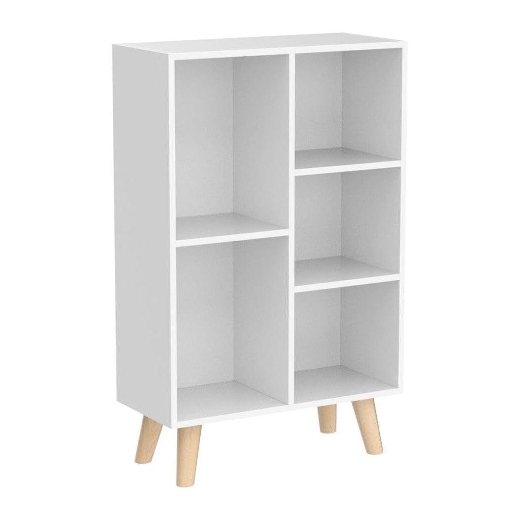 IOTXY Wooden Open Shelf Bookcase - 3-Tier Floor Standing Display Cabinet Rack with Legs, 5 Cubes Bookshelf, Warm White