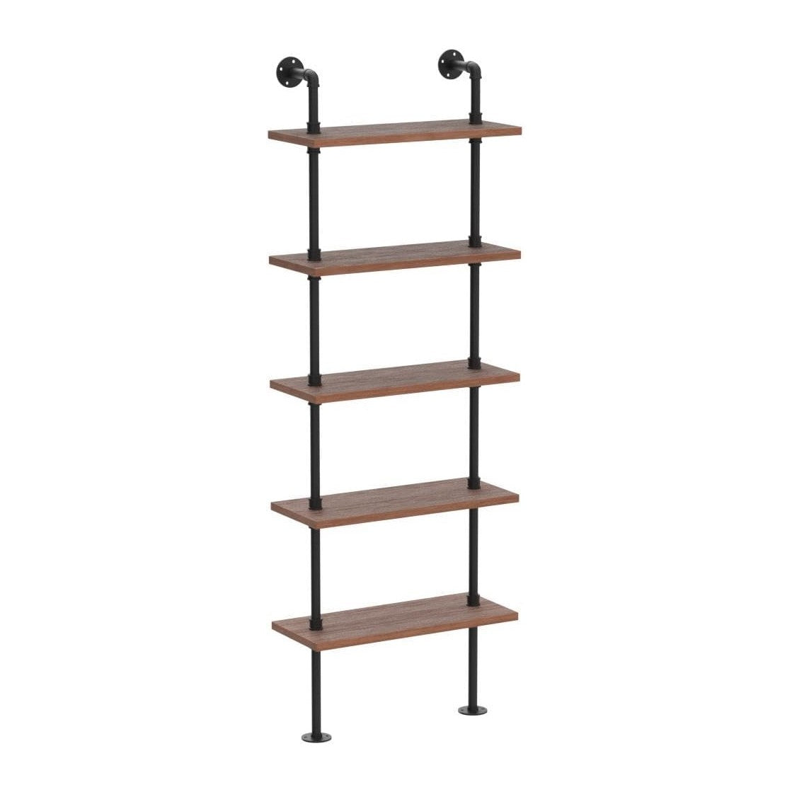 5 Tier Industrial Ladder Bookshelf, Wall Mounted Wood Metal Rustic Pipe Shelves (Weathered Brown, 5 Tier - 10" D x 24" W x 70" H)
