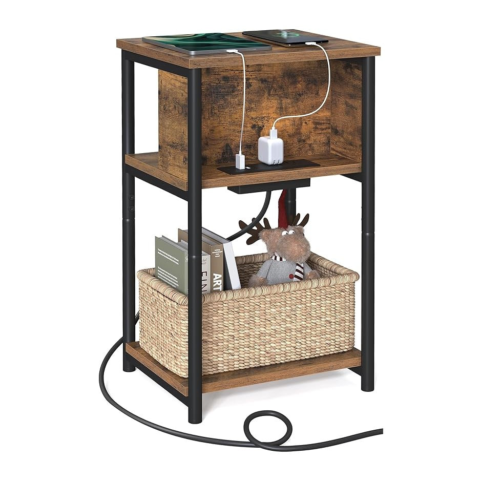 VASAGLE Side Table with Charging Station, 3-Tier End Table with USB Ports and Outlets, Nightstand for Living Room, Bedroom, 11.8 x 13.4 x 22.8 Inches, Plug-in Series, Rustic Brown and Black