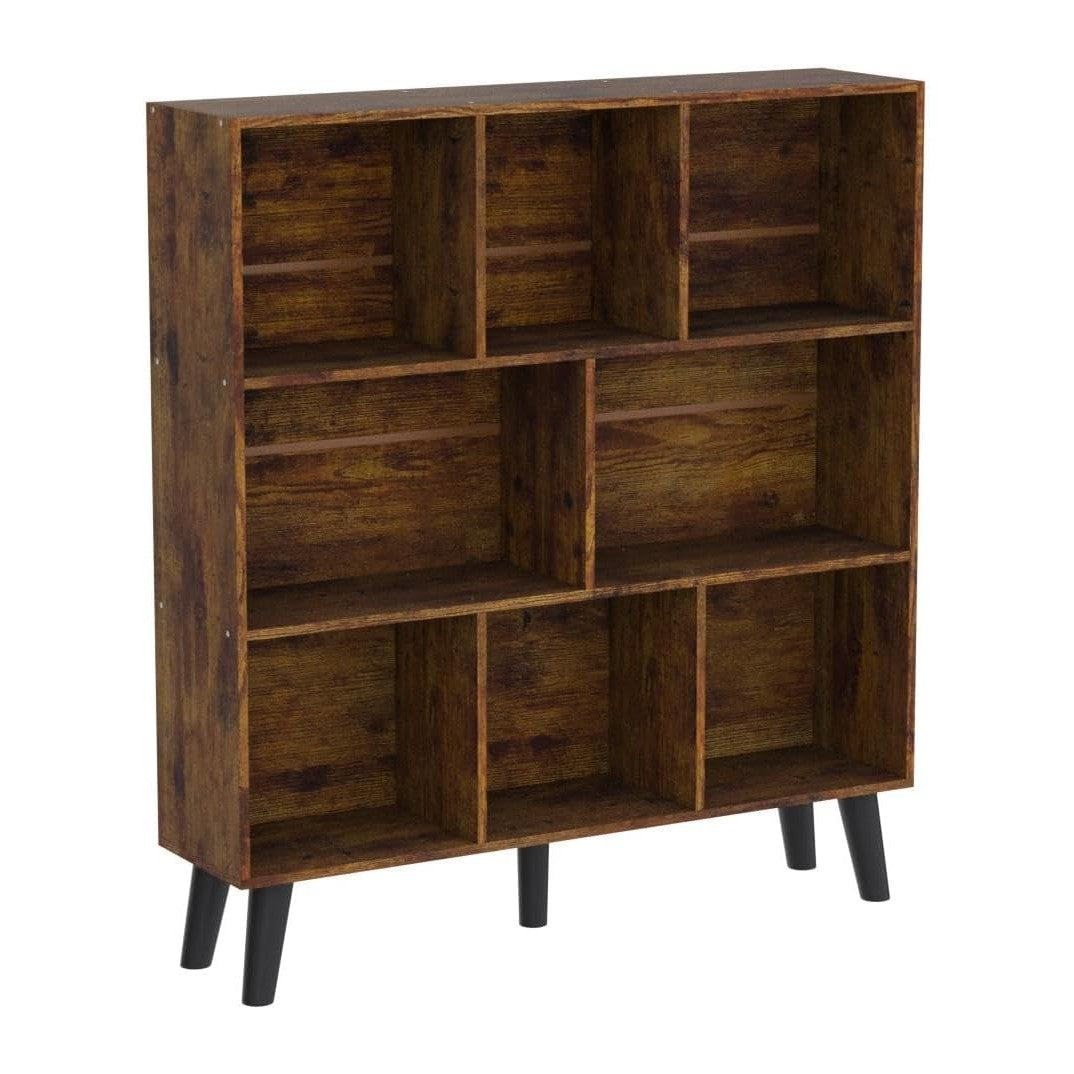LEYAOYAO 8 Cube Bookshelf,3 Tier Bookcase with Legs,Rustic Brown Mid-Century Modern Bookshelves,Large Open Storage Organizer Shelf, Wooden Book Case