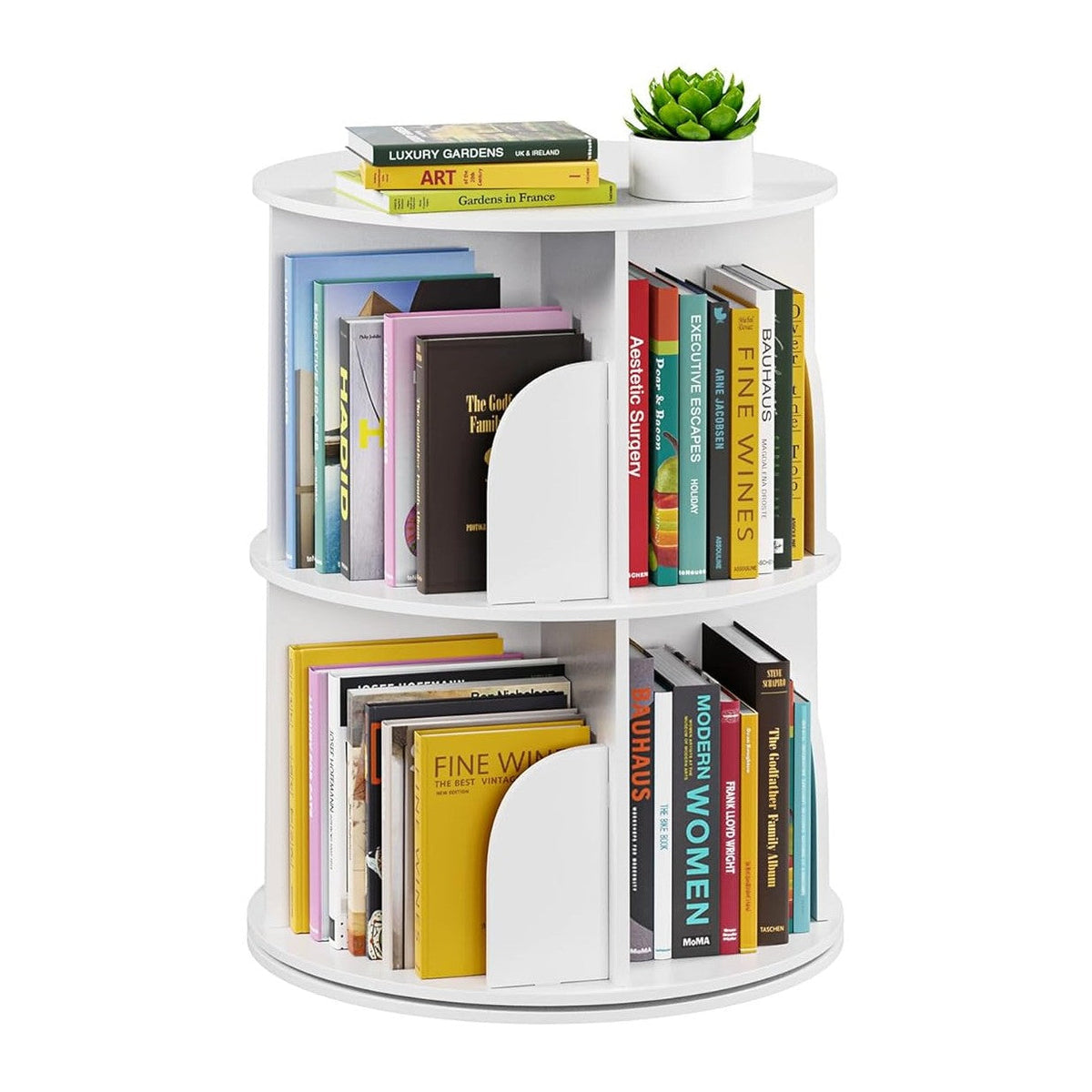 SpaceAid 2 Tier Rotating Bookshelf Tower, Spinning Bookcase Lazy Susan, Revolving 360 Book Shelf Storage Round Carousel, Vertical Rotate Turning Spiral Corner Organizer, White