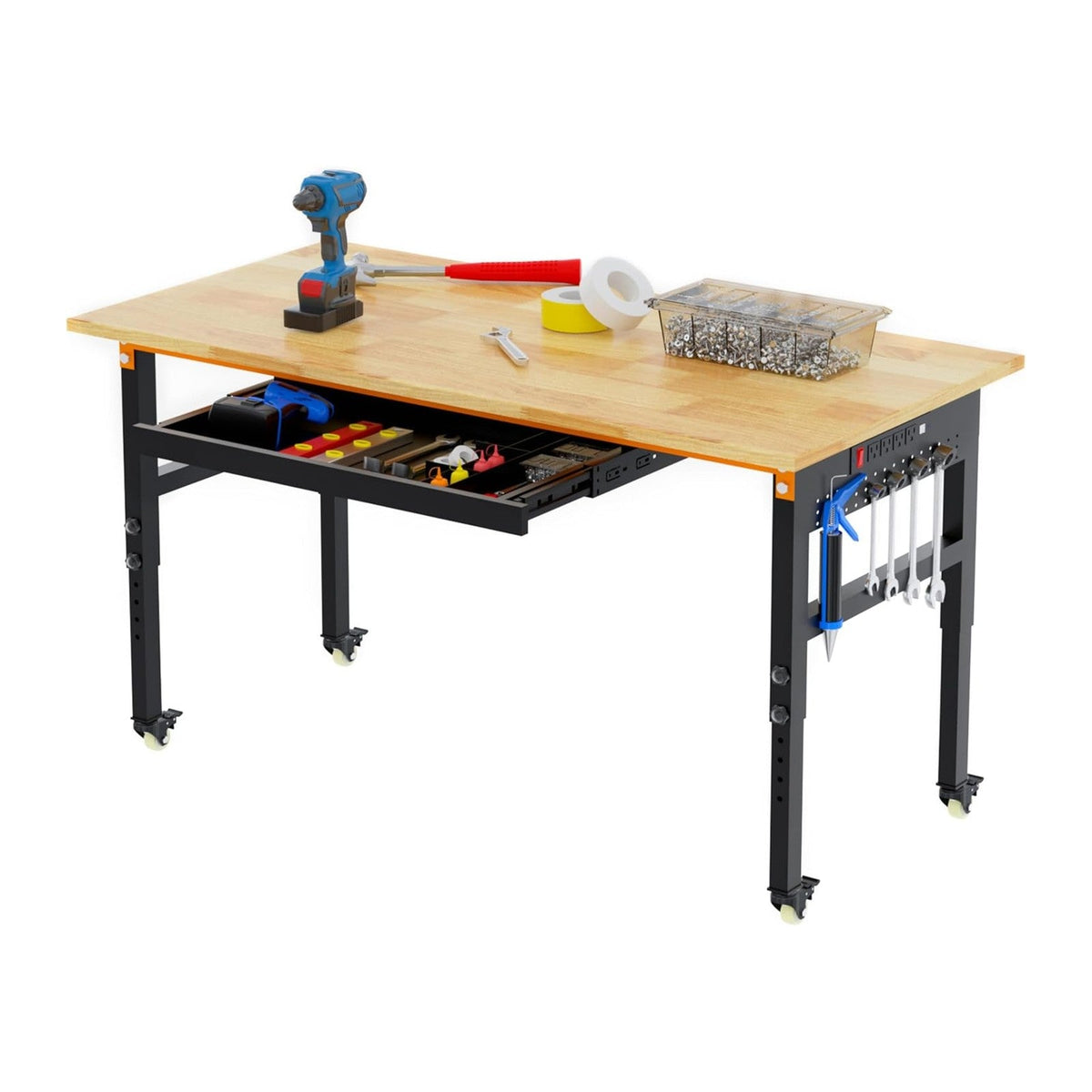Betterhood 60" Adjustable Workbench on Wheels, 2000 LBS Heavy Duty Work Table with Power Outlets & Pegboard, Rubber Wood Workstation for Garage, Workshop, Office, Home, Commercial