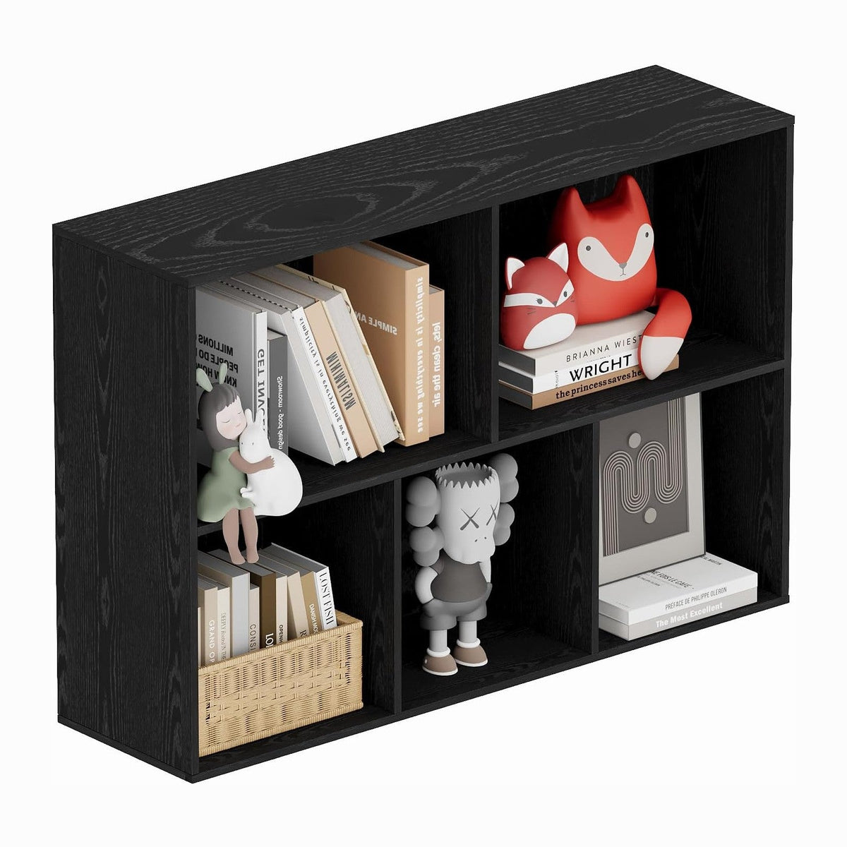 Book Shelf, Wooden Cube Storage Organizer with 11" Open Cubes, Stackable Modular Bookcase for Room Divider Storage, 2 Tier Bookshelf for Living Room, Bedroom, Office (Black, 5-Cube)