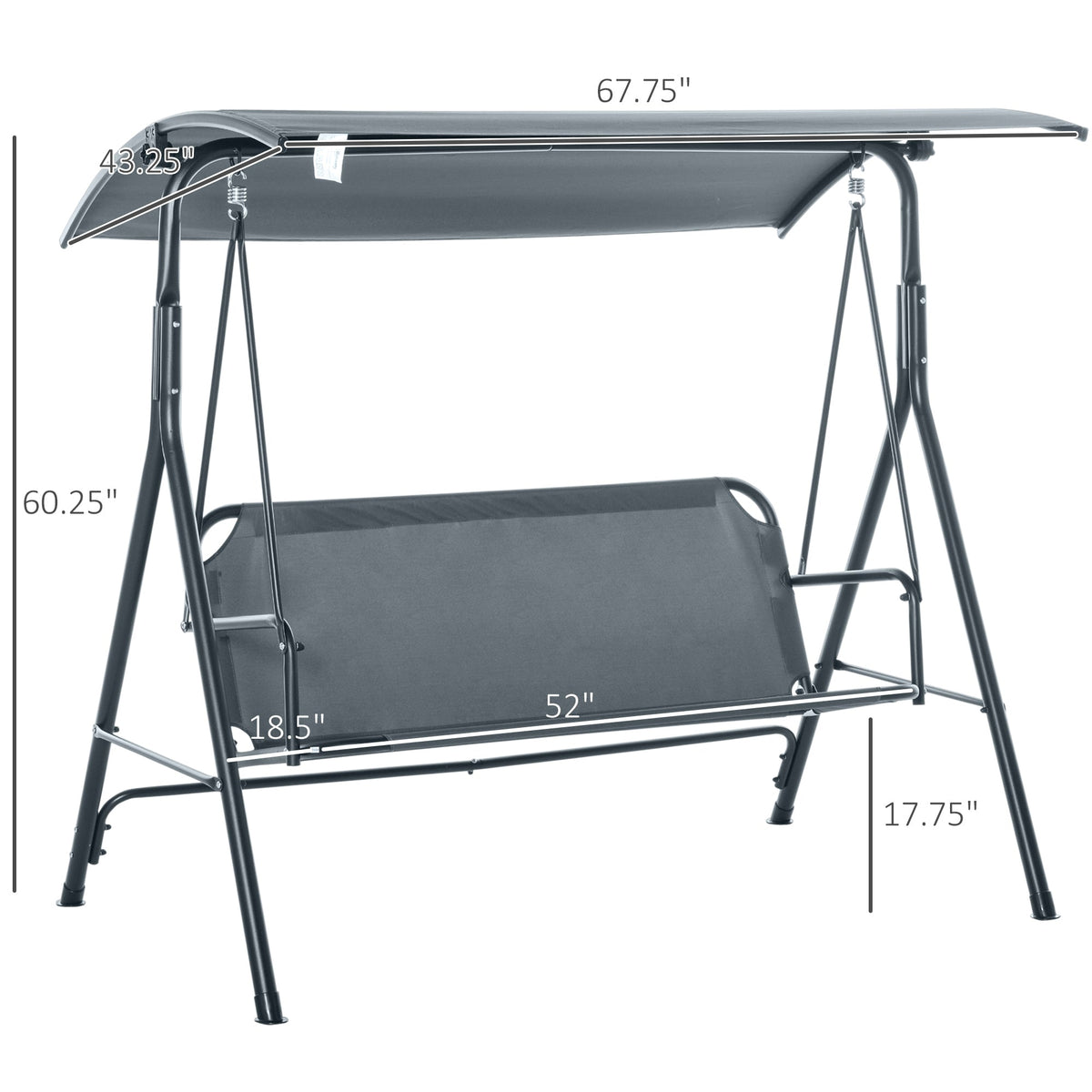 3-Person Porch Swing with Stand, Outdoor Swing for Patio Porch with Adjustable Tilt Canopy and Comfortable Swing Bench-Style Seat, Steel Frame, Gray