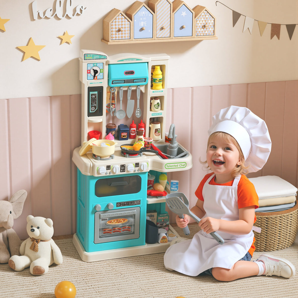 Kids Play Kitchen Toy Set, Chef Pretend Kitchen Playset with Real Lights & Sounds, 92 Pcs Toy Food, Ages 3-6, Green