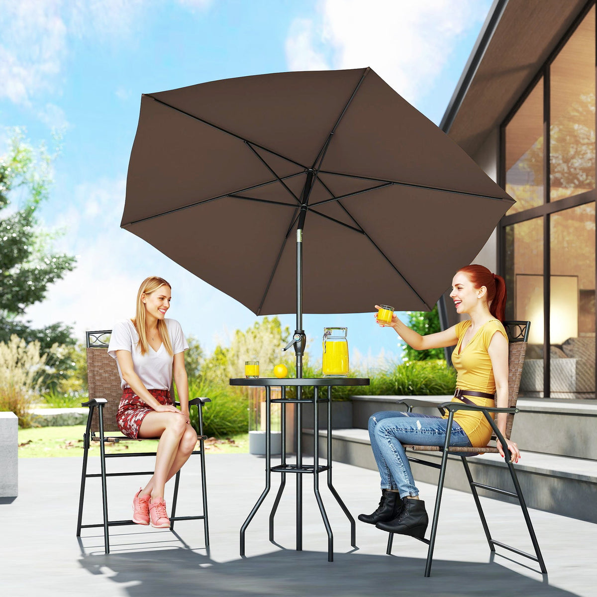 4 Piece Outdoor Bar Set with Umbrella, Patio Dining Set with 2 Folding Chairs, Wave Textured Tempered Glass Table, Brown