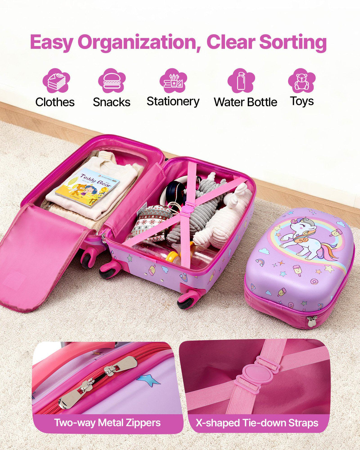 Kids Luggage Set, 2 Piece, 18 Inch Hardside Rolling Wheels Suitcase with Hard-Shell Backpack, Unicorn Kids Carry on Luggage Set, Holiday Birthday Gift for Girls & Boys, Airline Approved