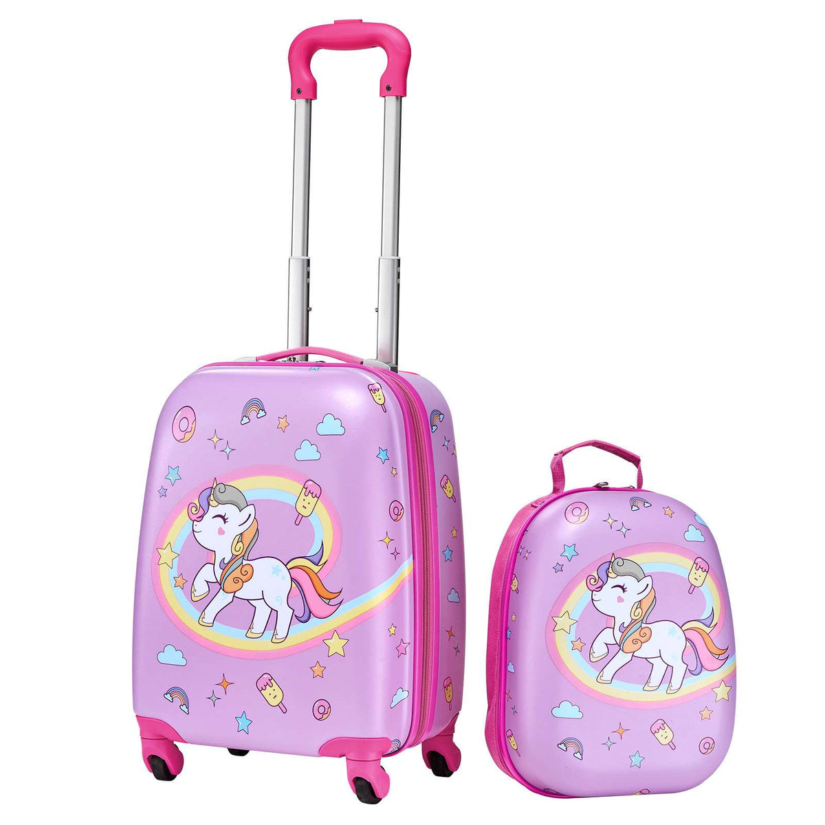 Kids Luggage Set, 2 Piece, 18 Inch Hardside Rolling Wheels Suitcase with Hard-Shell Backpack, Unicorn Kids Carry on Luggage Set, Holiday Birthday Gift for Girls & Boys, Airline Approved