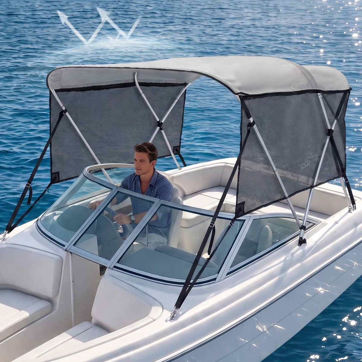 3 Bow Bimini Top Boat Cover, Detachable Mesh Sidewalls, 600D Polyester Canopy with 1" Aluminum Alloy Frame, Includes Storage Boot, 2 Support Poles, 2 Straps, 6'L x 46"H x 67"-72"W, Light Grey