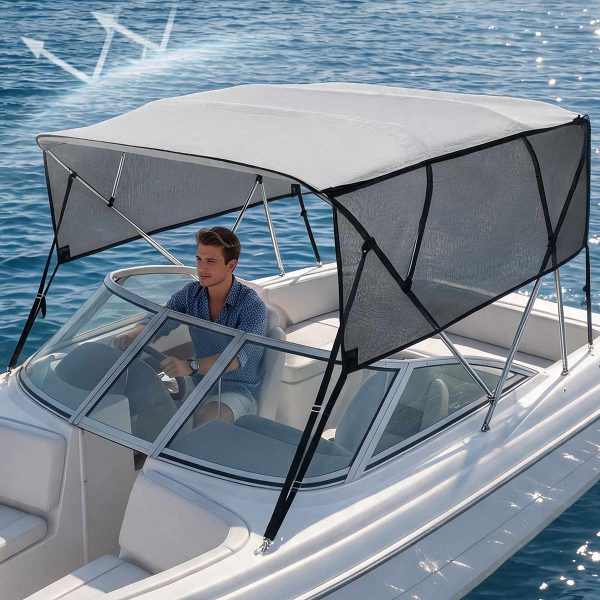 4 Bow Bimini Top Boat Cover, Detachable Mesh Sidewalls, 600D Polyester Canopy with 1" Aluminum Alloy Frame, Includes Storage Boot, 2 Straps, 2 Support Poles, 8'L x 54"H x 91"-96"W, Light Grey