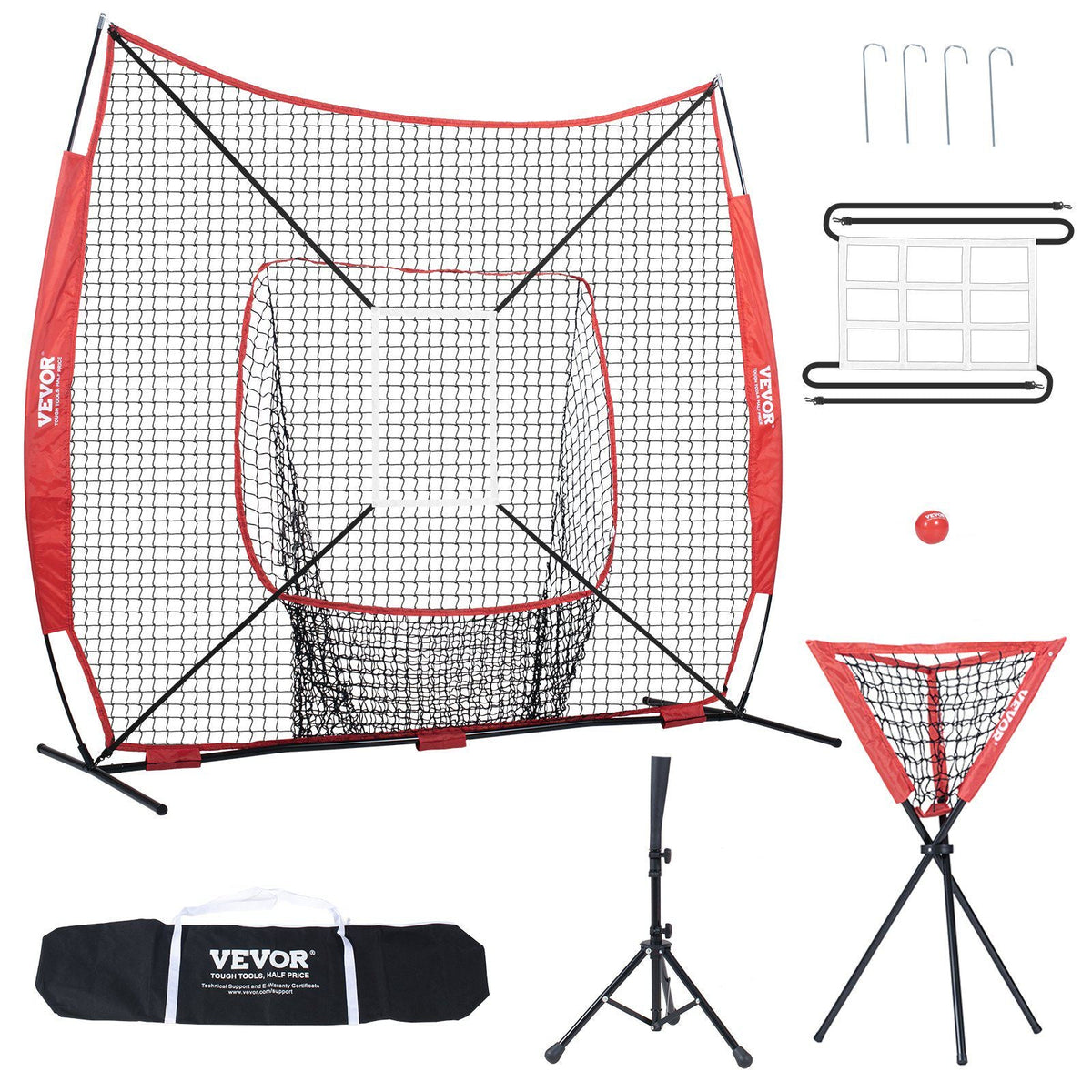 7x7 ft Baseball Softball Practice Net, Portable Baseball Training Net for Hitting Catching Pitching, Backstop Baseball Equipment with Bow Frame, Carry Bag, Strike Zone, Ball, Tee, Ball Collector