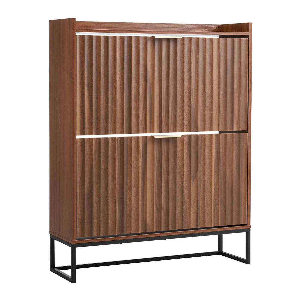 Shoe Cabinet with 2 Flip Drawers, Mid-Century Shoes Storage Cabinet with Anti-Tipping Device, Freestanding Fluted Shoe Organizer, Ideal for Entrance, Hallway, Bedroom, Living Room, Walnut
