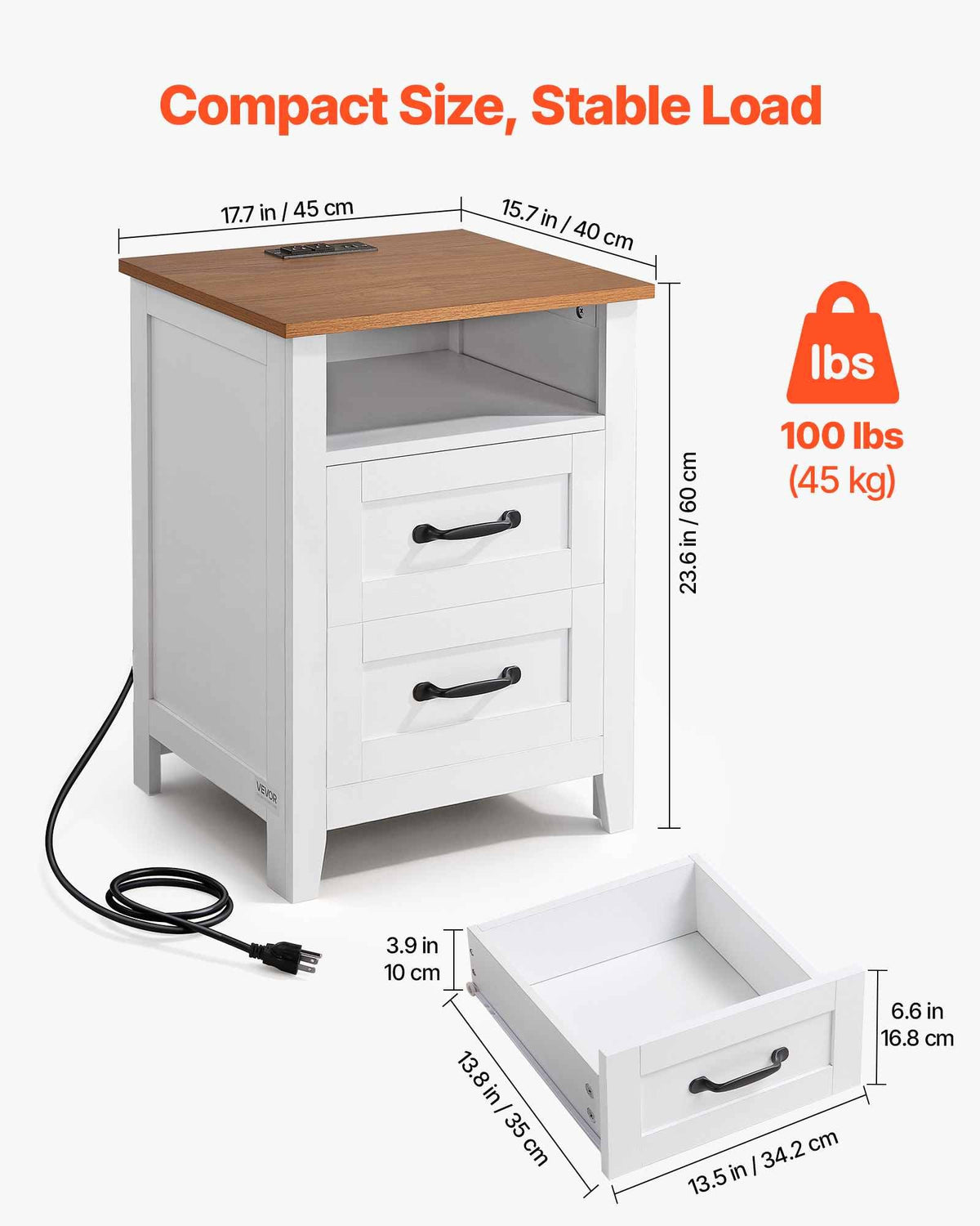 Farmhouse Nightstands, with Charging Station, Set of 2, End Tables with 2 Drawers and Open Shelf, Bedside Storage Cabinets, Rustic Side Tables with USB Port, for Bedroom, Living Room, White