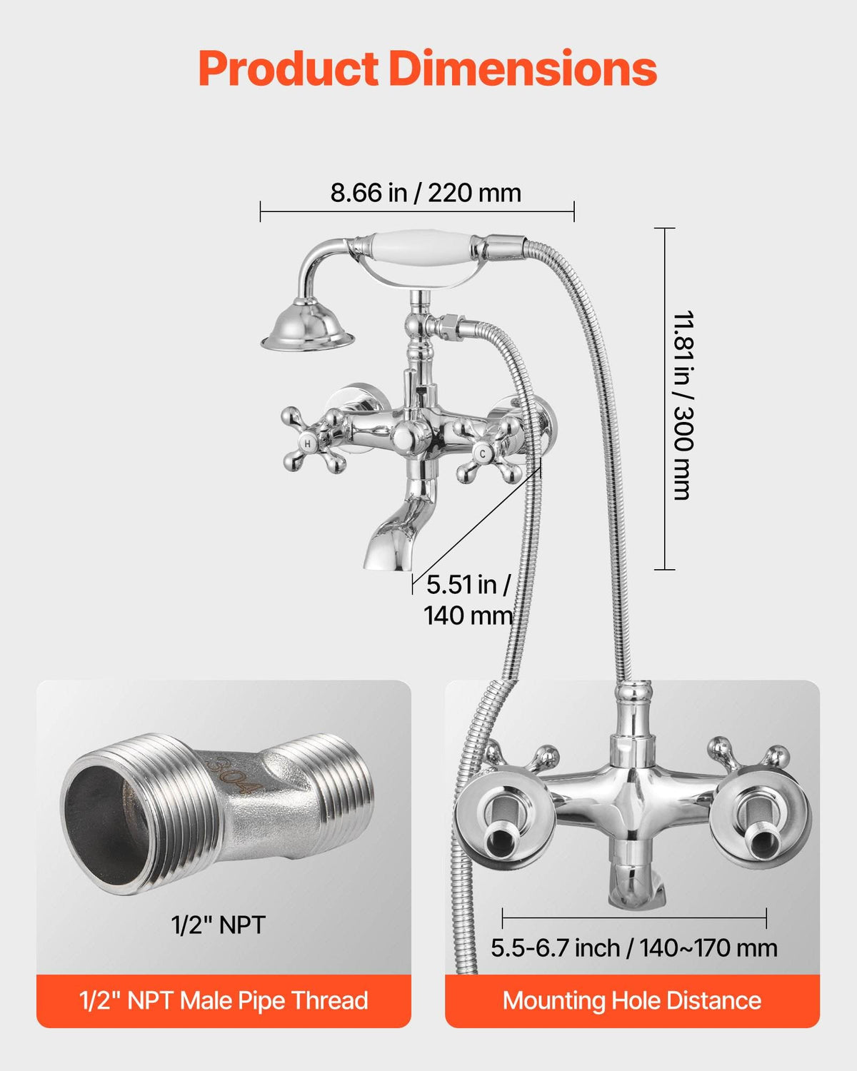 Clawfoot Tub Faucet, Wall Mount Bathtub Faucets with Handheld Shower, Vintage Polished Chrome Clawfoot Tub Filler Faucet Shower Kit with Adjustable Swing Arms & 360° Rotation Spout for Bathtubs