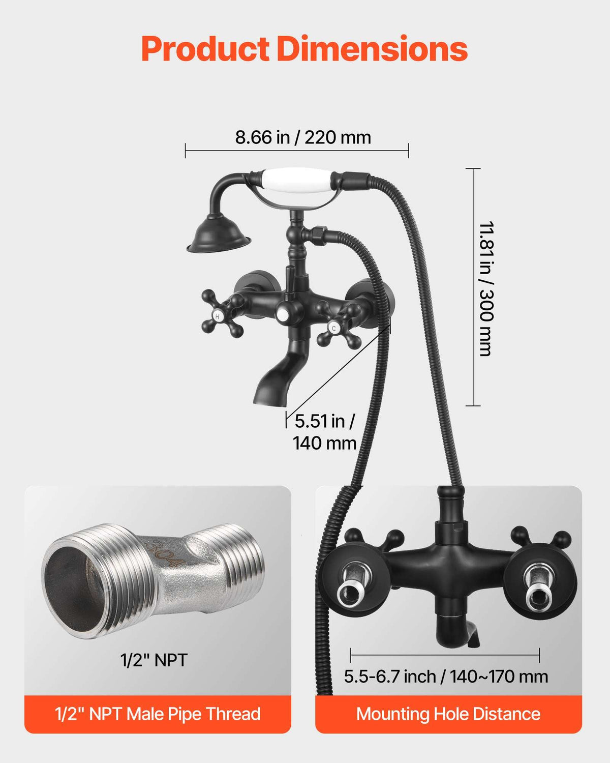 Clawfoot Tub Faucet, Wall Mount Bathtub Faucets with Handheld Shower, Vintage Matte Black Clawfoot Tub Filler Faucet Shower Kit with Adjustable Swing Arms & 360° Rotation Spout for Bathtubs