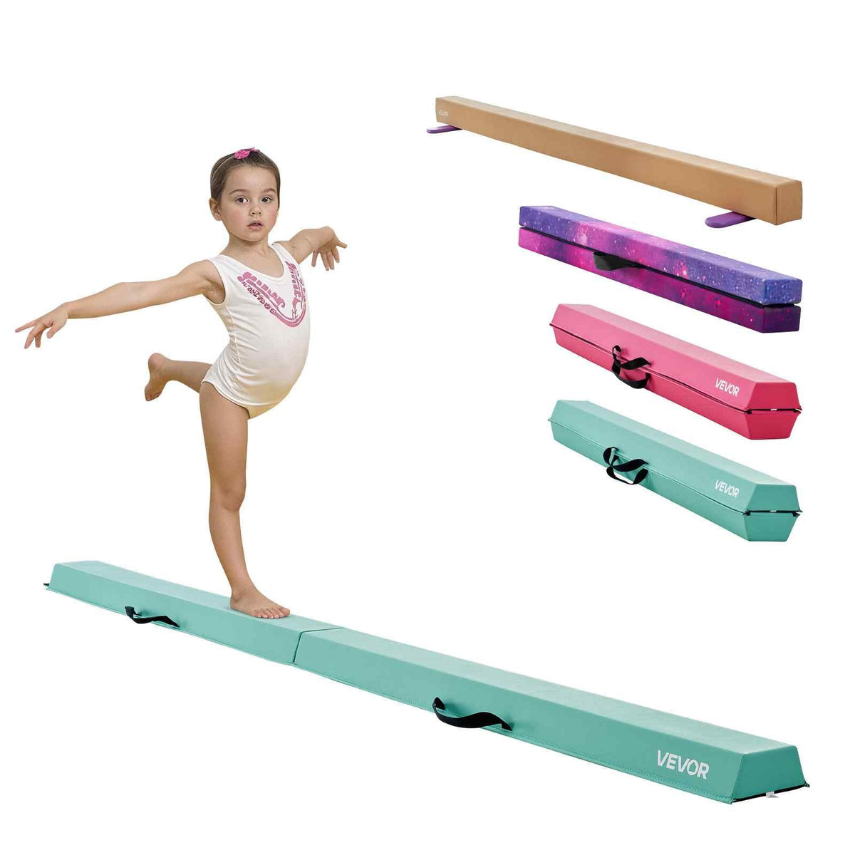 8FT Folding Balance Beam for Kids, 200LBS Stable Support Gymnastics Floor Beam with Non-Slip Mats, Gymnastics Training Equipment with Anti-Slip Bottom and Carrying Bag for Home Gym, Mint Green