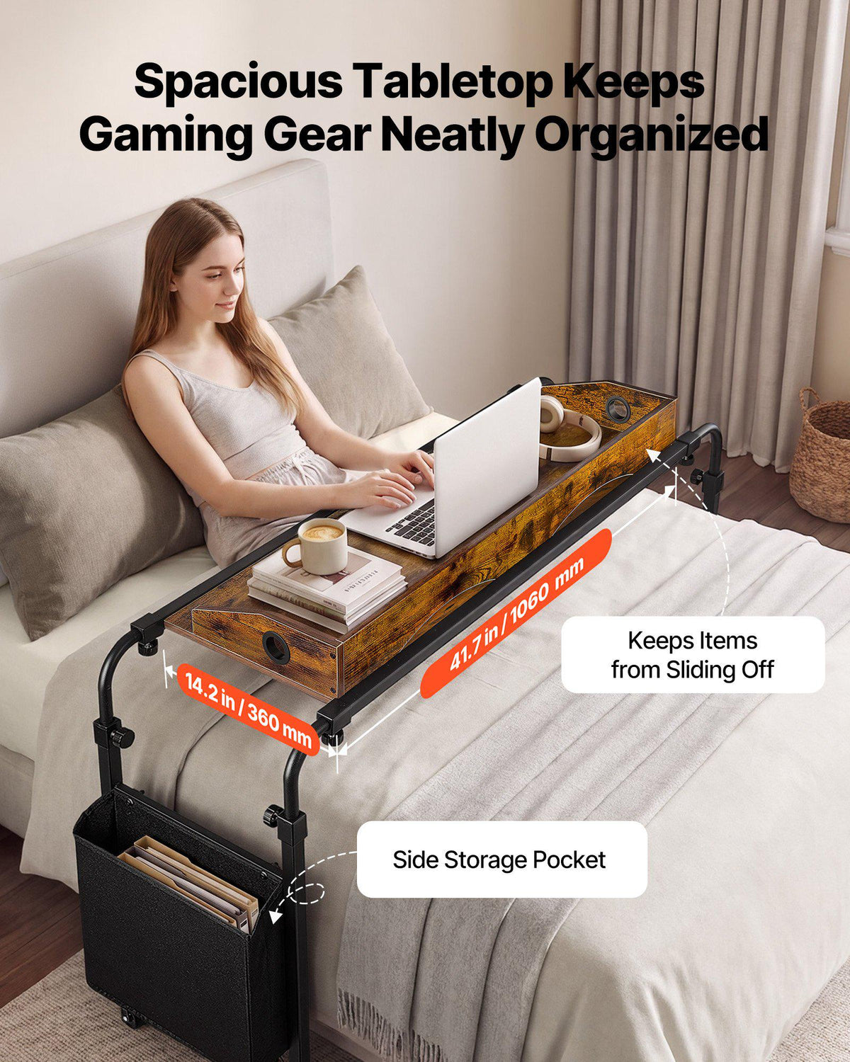 Overbed Table 41.7"W x 14.2"D Mobile Bed Desk with Swivel Wheels, for Bedroom Living Room Home Office, Adjustable Height & Length, Rolling Table with Side Storage Pocket & Raised Edge, Brown