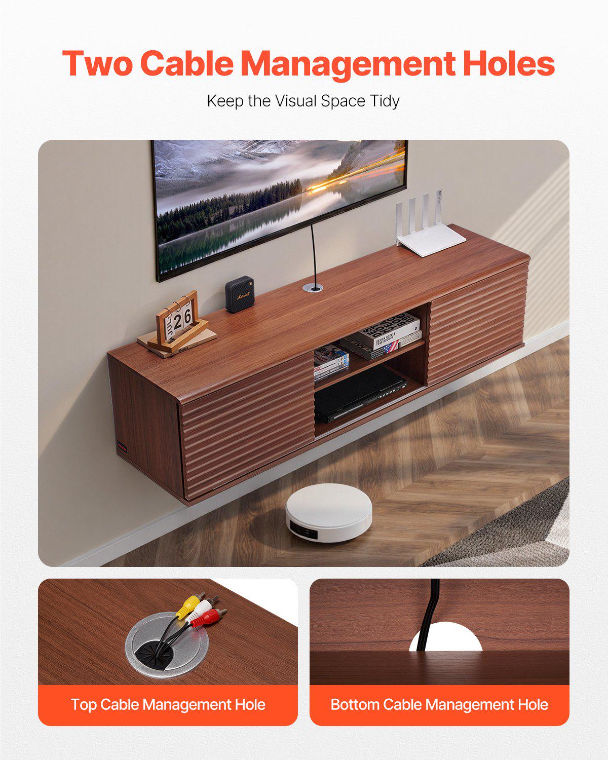 Floating TV Stand, 60" Wall Mount Entertainment Center with Adjustable Shelf & Sliding Doors, 2 Tiers Floating TV Shelf with Storage Cabinet for DVD Player, Cable Box, Game Console, Walnut