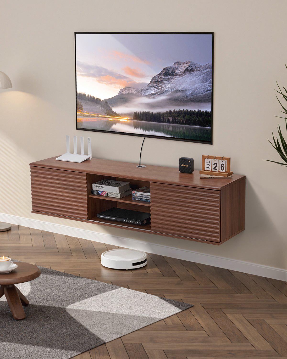 Floating TV Stand, 60" Wall Mount Entertainment Center with Adjustable Shelf & Sliding Doors, 2 Tiers Floating TV Shelf with Storage Cabinet for DVD Player, Cable Box, Game Console, Walnut