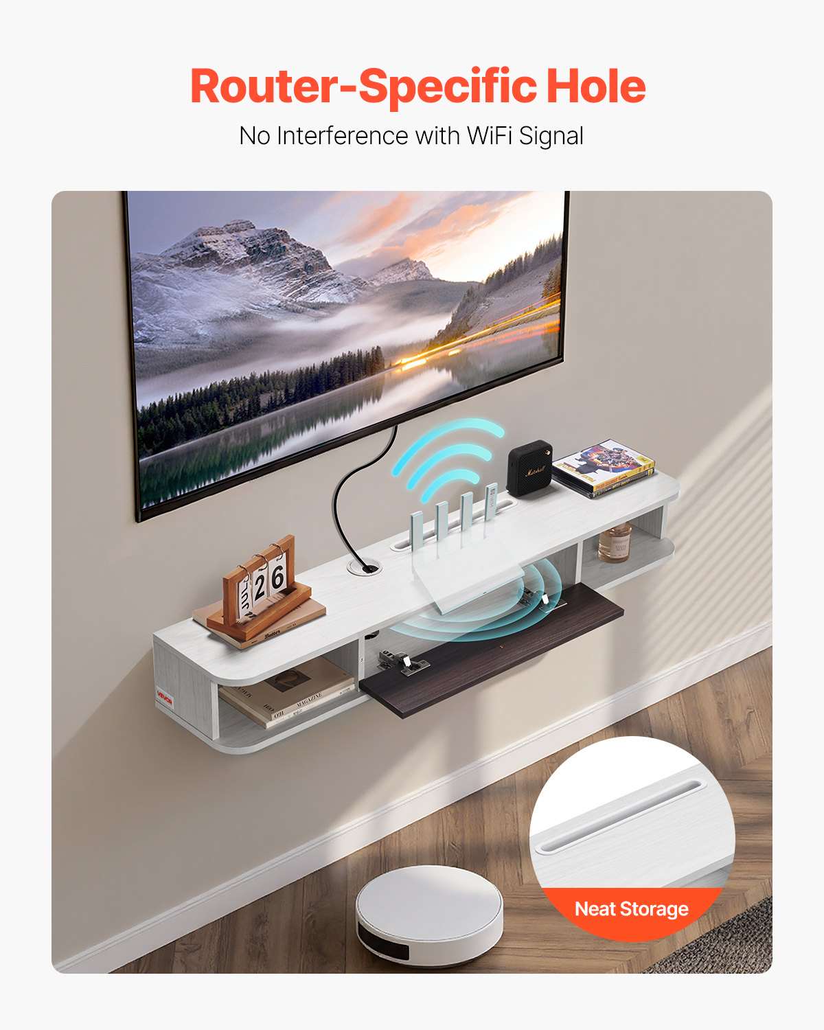 Floating TV Stand, 47 in Wall Mount Entertainment Center with Cable Hole, Modern Floating TV Shelf with Storage Cabinet, Particle Board Console for DVD Player, Cable Box, Game Console, White