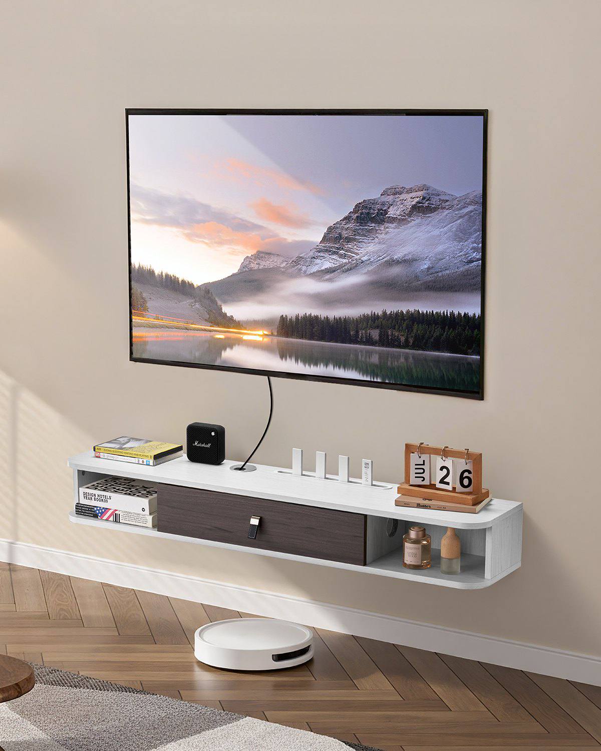 Floating TV Stand, 47 in Wall Mount Entertainment Center with Cable Hole, Modern Floating TV Shelf with Storage Cabinet, Particle Board Console for DVD Player, Cable Box, Game Console, White