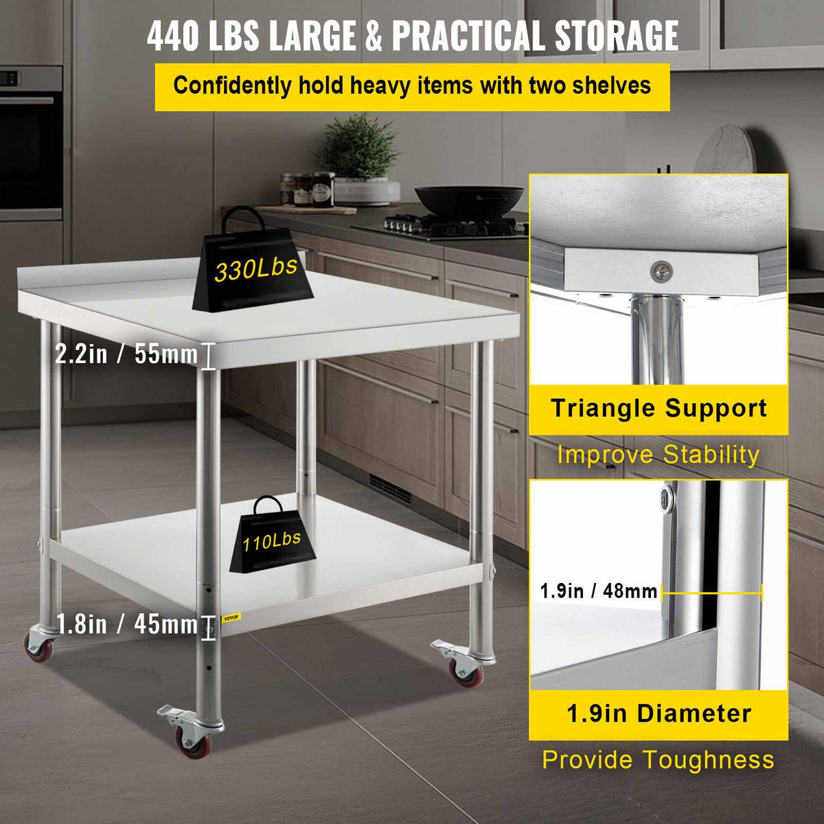 Stainless Steel Prep Table, 36 x 24 x 35 Inch, 440lbs Load Capacity Heavy Duty Metal Worktable with Backsplash Adjustable Undershelf & 4 Casters, Commercial Workstation for Kitchen Restaurant