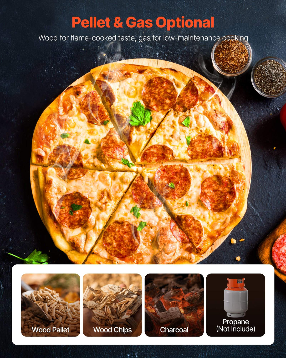 Dual Fuel Pizza Oven Outdoor, 12 in Wood Fire & Propane Gas Pizza Oven, Pellet & Propane Pizza-Maker with Thermometer, Iron Spray Electric Rotation Pizza-Cook for Outside Camping & Backyard