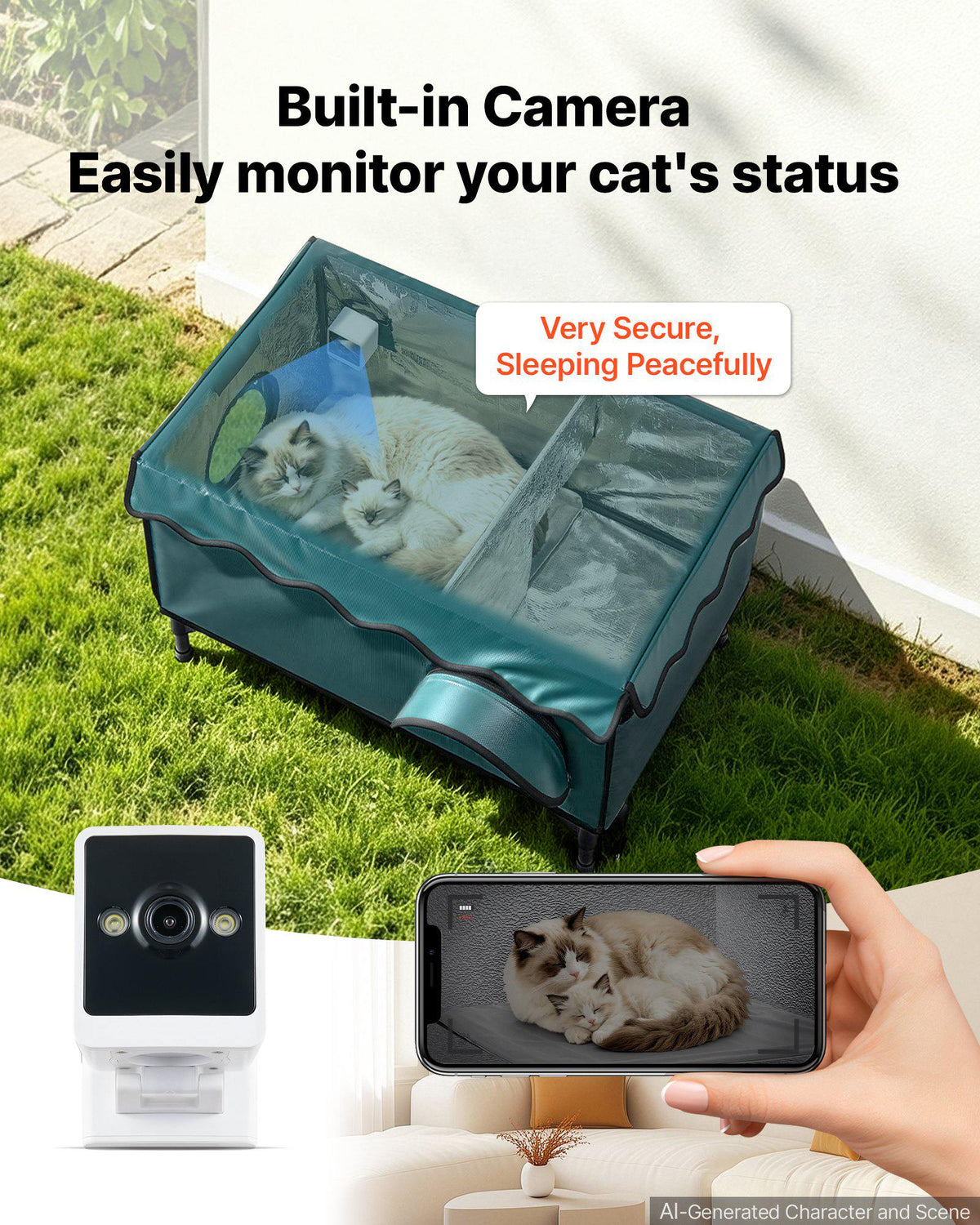 Elevated Heated Cat House 25.4W Insulated Kitty Shelter with Camera, for Indoor Outdoor Winter Use, 2-Door & Private Side Curtain, Weatherproof Stray Feral Shelter with Heated Pad for Outside