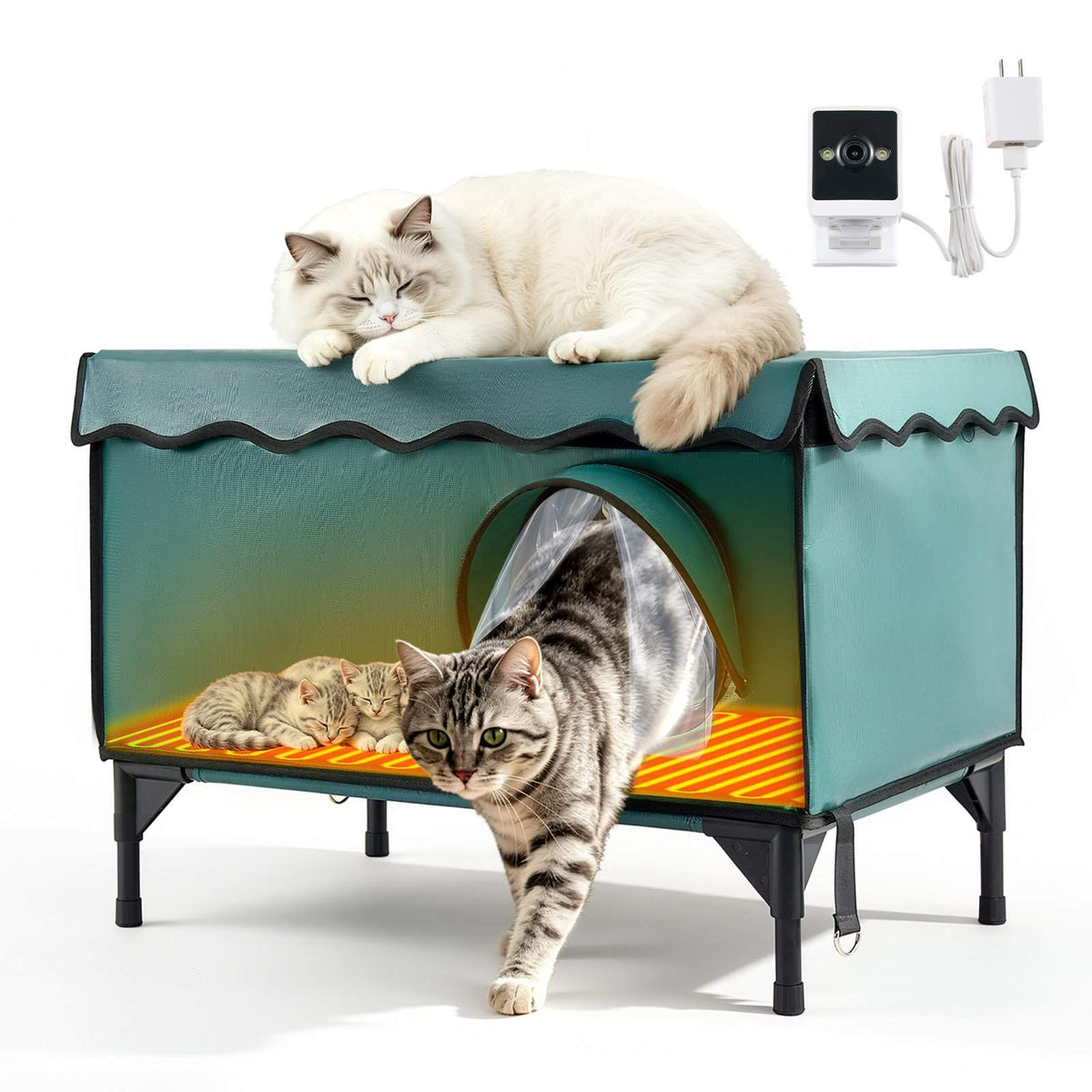 Elevated Heated Cat House 25.4W Insulated Kitty Shelter with Camera, for Indoor Outdoor Winter Use, 2-Door & Private Side Curtain, Weatherproof Stray Feral Shelter with Heated Pad for Outside