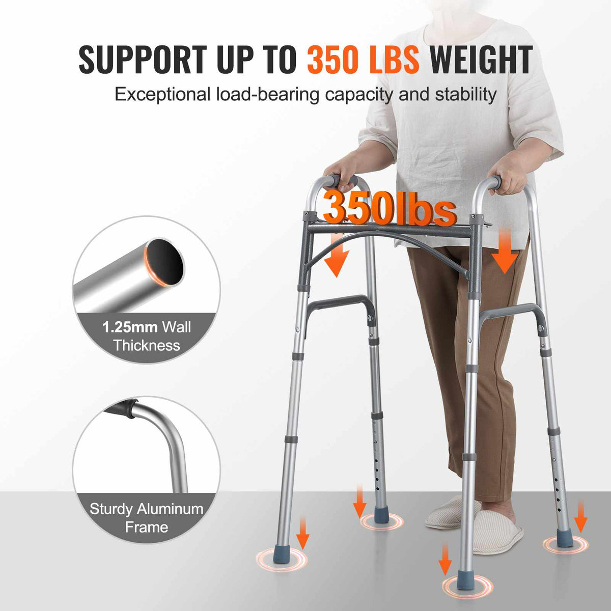 Folding Walker, 2-Button Folding Walkers with 8-Level Adjustable Height and Durable Handles, Lightweight Aluminum Mobility Walker Aid for Elderly Handicapped Disabled, Up to 350 Pounds