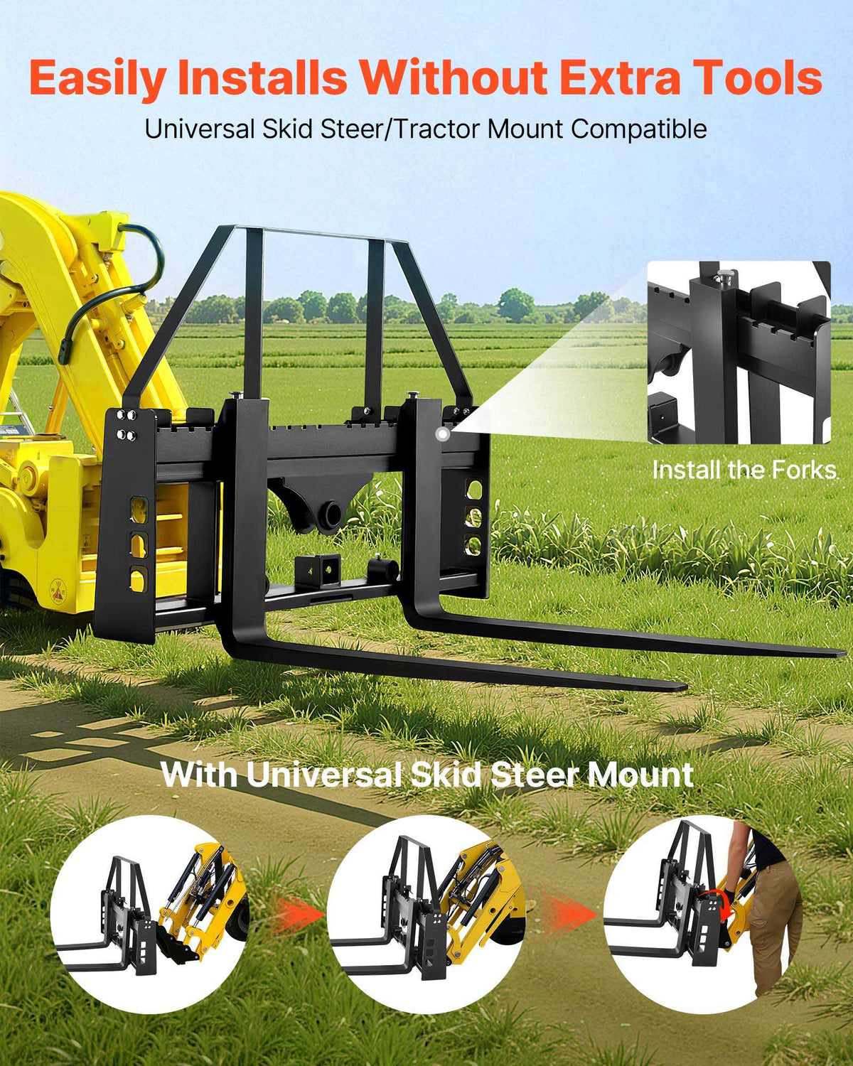 Pallet Fork Frame Attachment with 42-inch Skid Steer Pallet Forks 4000 lbs