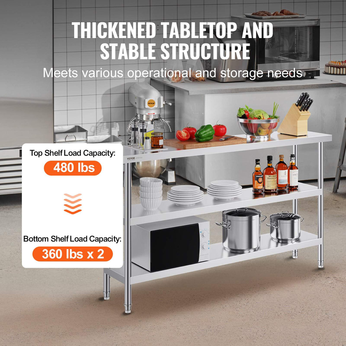 Stainless Steel Food Prep Table, 14 x 60 x 34 Inch Commercial Kitchen Worktable, with 2 Adjustable Undershelf, Heavy Duty Prep Table Metal Work Table for BBQ, Kitchen, Home, and Garage