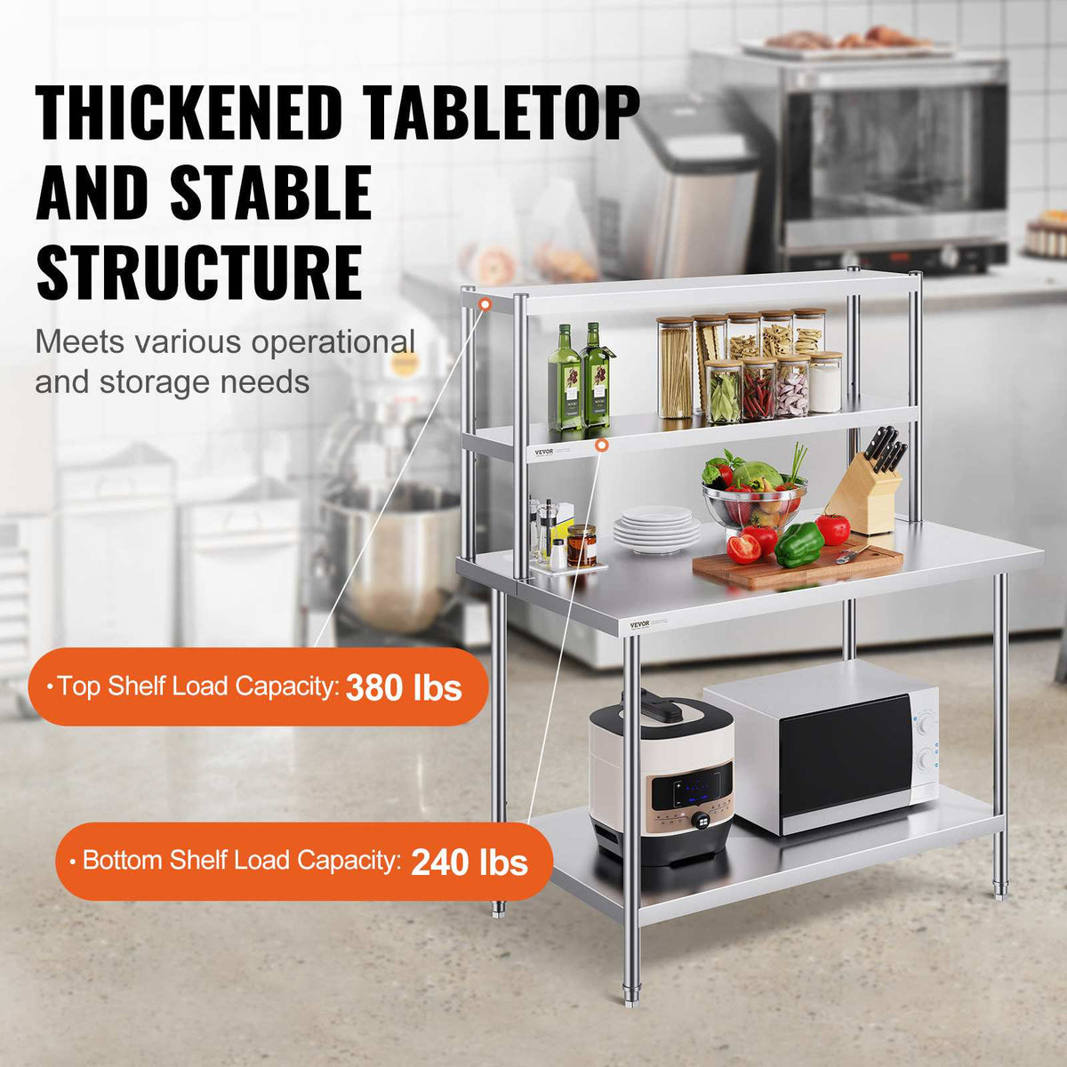 Double Overshelf, Double Tier Stainless Steel Overshelf, 12 x 48 Inch Double Deck Overshelf, Height Adjustable Overshelf Prep Work Table for Kitchen, Restaurant and Workshop