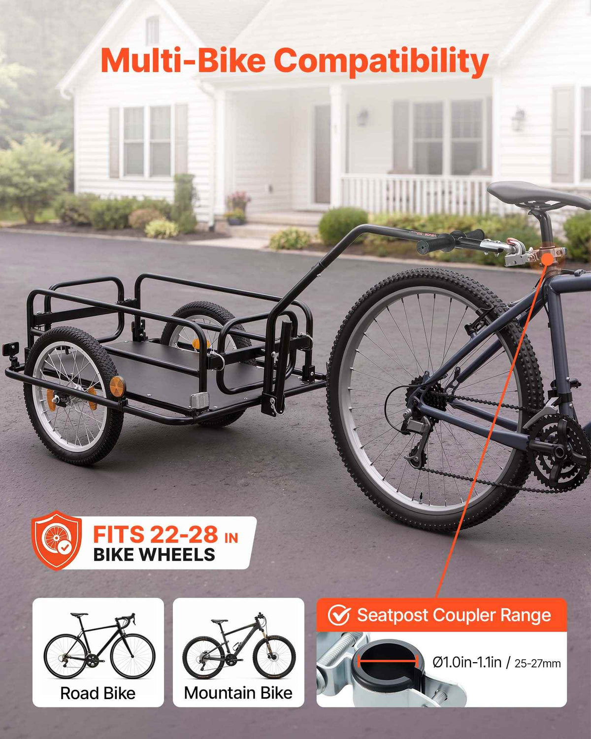 Bike Cargo Trailer 88 lbs Load 2-in-1 Pushcart Folding Bicycle Wagon, Heavy-Duty Cart with 16-Inch Wheels, Reflectors, Carbon Steel Frame, Foldable Compact Storage, Fits 22-28 in Bike Wheels