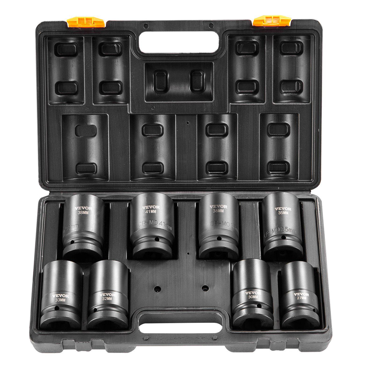 1" Drive Impact Socket Set, 8 Piece Deep Socket Set Metric 27-41mm, 6 Point Cr-Mo Alloy Steel for Auto Repair, Easy-to-Read Size Markings, Rugged Construction, Includes Storage Case