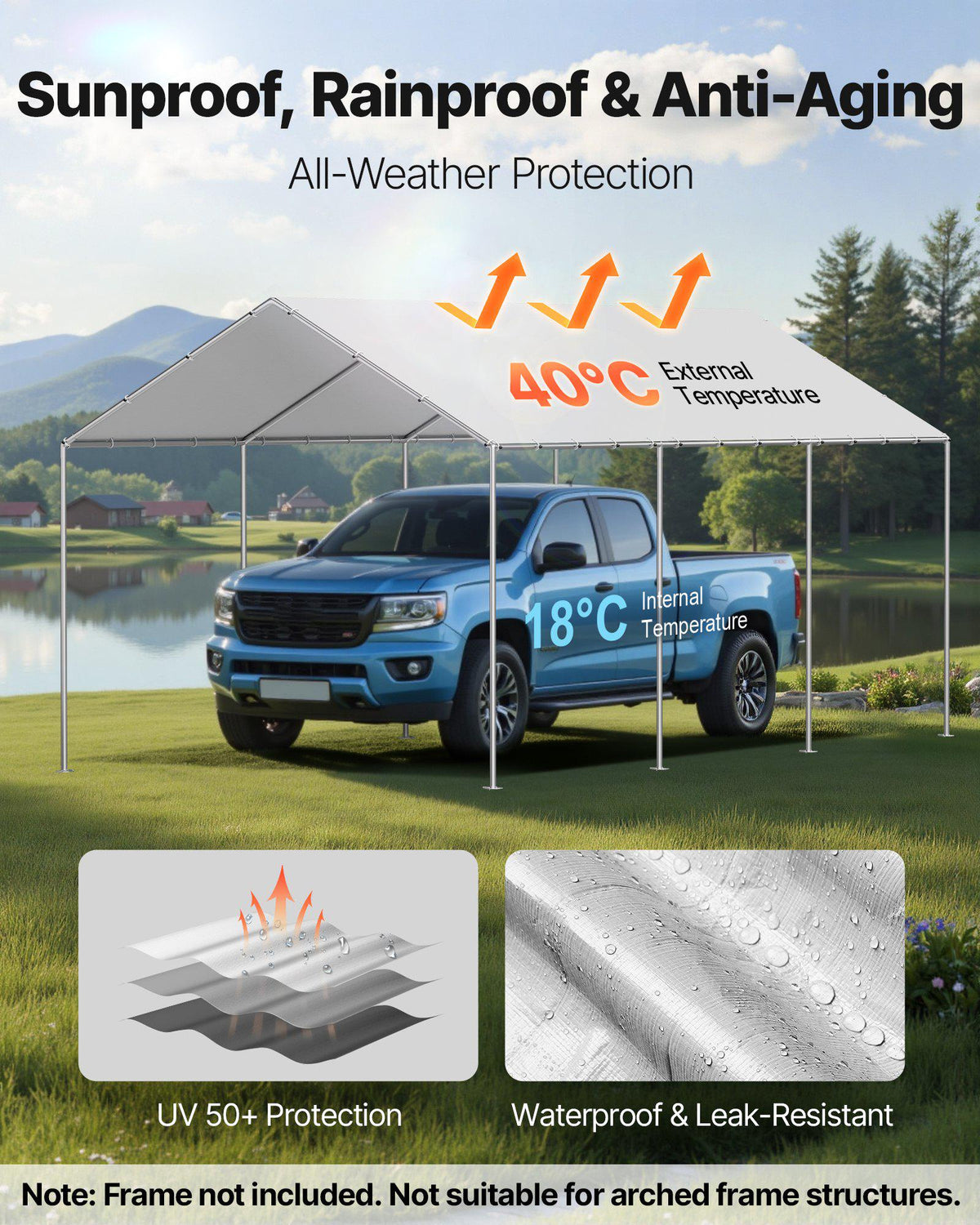 Carport Replacement Canopy, 10 x 20 ft Potable Garage Tent Top Tarp, UV-Resistant & Waterproof Car Shelter Tarp, Heavy Duty Car Port Cover with Ball Buggees, Grey, Frame Not Included